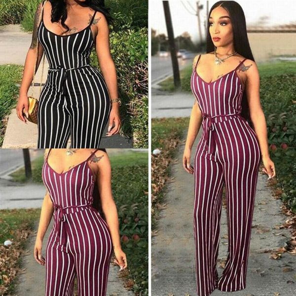 The Best Hot Women Ladies Clubwear V-Neck Striped Playsuit Sexy Bodycon Party Jumpsuit Romper Summer Beach Casual Long Trousers Online - Source Silk