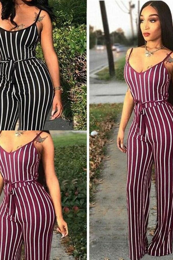 The Best Hot Women Ladies Clubwear V-Neck Striped Playsuit Sexy Bodycon Party Jumpsuit Romper Summer Beach Casual Long Trousers Online - Source Silk