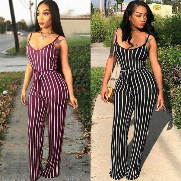 The Best Hot Women Ladies Clubwear V-Neck Striped Playsuit Sexy Bodycon Party Jumpsuit Romper Summer Beach Casual Long Trousers Online - Source Silk