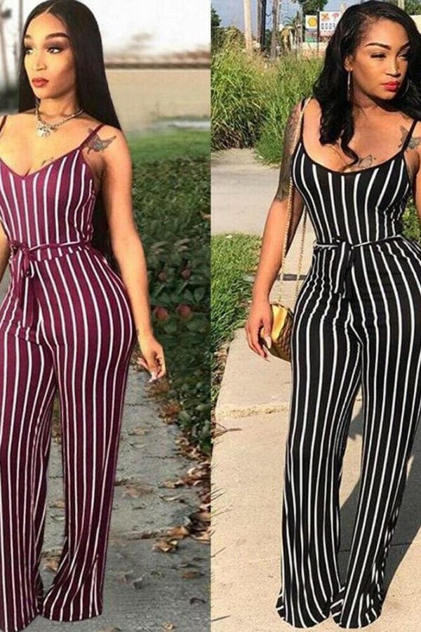 The Best Hot Women Ladies Clubwear V-Neck Striped Playsuit Sexy Bodycon Party Jumpsuit Romper Summer Beach Casual Long Trousers Online - Source Silk