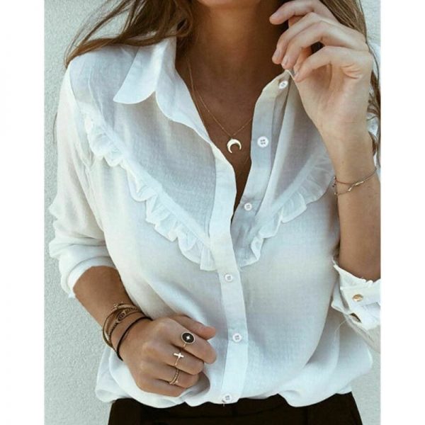 The Best Hot Women Long Sleeve Ruffles White Shirt Blouse Ladies Casual Plain OL Blouse Work Shirt Summer V Neck Shirt Online - Source Silk