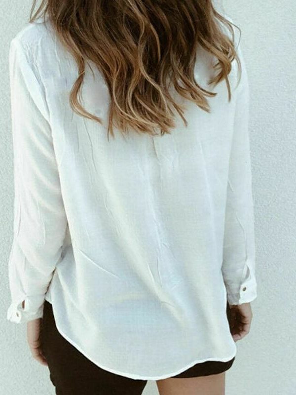 The Best Hot Women Long Sleeve Ruffles White Shirt Blouse Ladies Casual Plain OL Blouse Work Shirt Summer V Neck Shirt Online - Source Silk