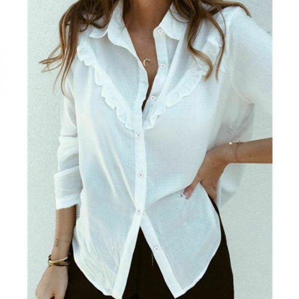 The Best Hot Women Long Sleeve Ruffles White Shirt Blouse Ladies Casual Plain OL Blouse Work Shirt Summer V Neck Shirt Online - Source Silk