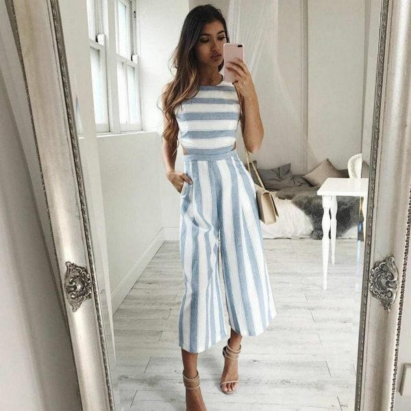 The Best Hot Women Sleeveless Striped Wide Leg Jumpsuit Casual Clubwear Loose Wide Leg Pants Outfit Playsuit Overalls Online - Source Silk