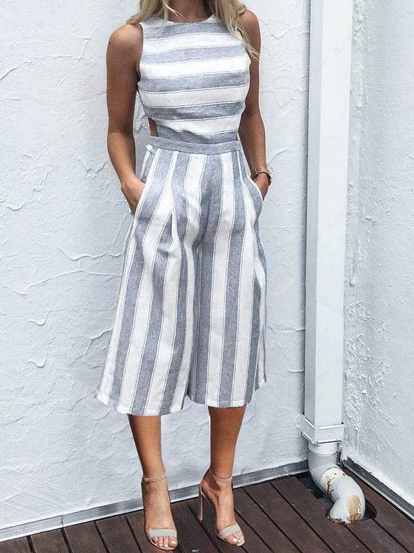 The Best Hot Women Sleeveless Striped Wide Leg Jumpsuit Casual Clubwear Loose Wide Leg Pants Outfit Playsuit Overalls Online - Source Silk