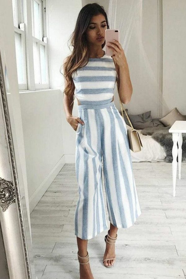 The Best Hot Women Sleeveless Striped Wide Leg Jumpsuit Casual Clubwear Loose Wide Leg Pants Outfit Playsuit Overalls Online - Source Silk