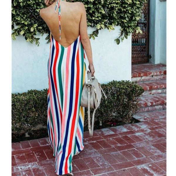 The Best HOT Women Sling Backless Dress Summer Sexy Ladies Sleeveless Beach Stripe Evening Party Long Maxi Sundress Online - Source Silk