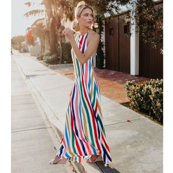 The Best HOT Women Sling Backless Dress Summer Sexy Ladies Sleeveless Beach Stripe Evening Party Long Maxi Sundress Online - Source Silk