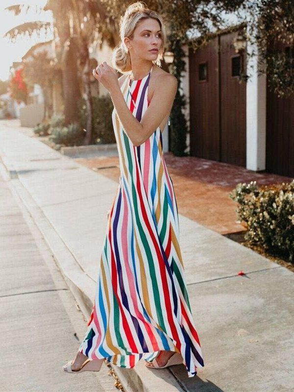 The Best HOT Women Sling Backless Dress Summer Sexy Ladies Sleeveless Beach Stripe Evening Party Long Maxi Sundress Online - Source Silk