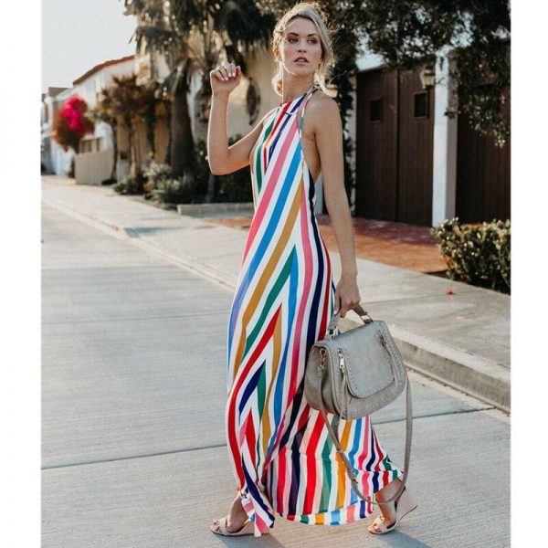 The Best HOT Women Sling Backless Dress Summer Sexy Ladies Sleeveless Beach Stripe Evening Party Long Maxi Sundress Online - Source Silk