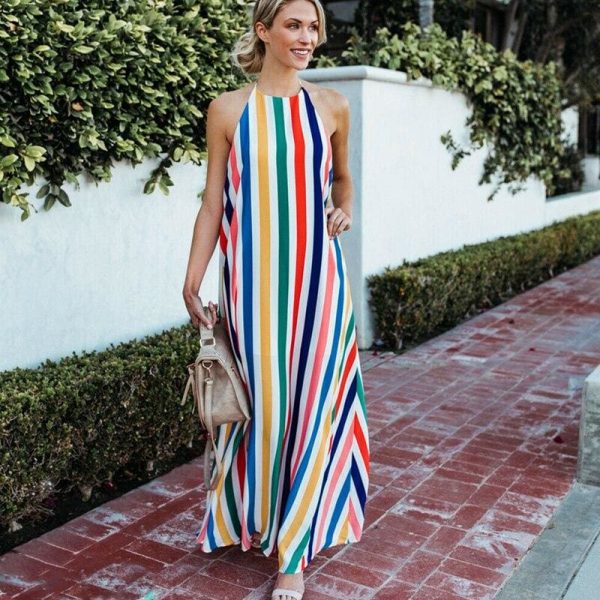 The Best HOT Women Sling Backless Dress Summer Sexy Ladies Sleeveless Beach Stripe Evening Party Long Maxi Sundress Online - Source Silk