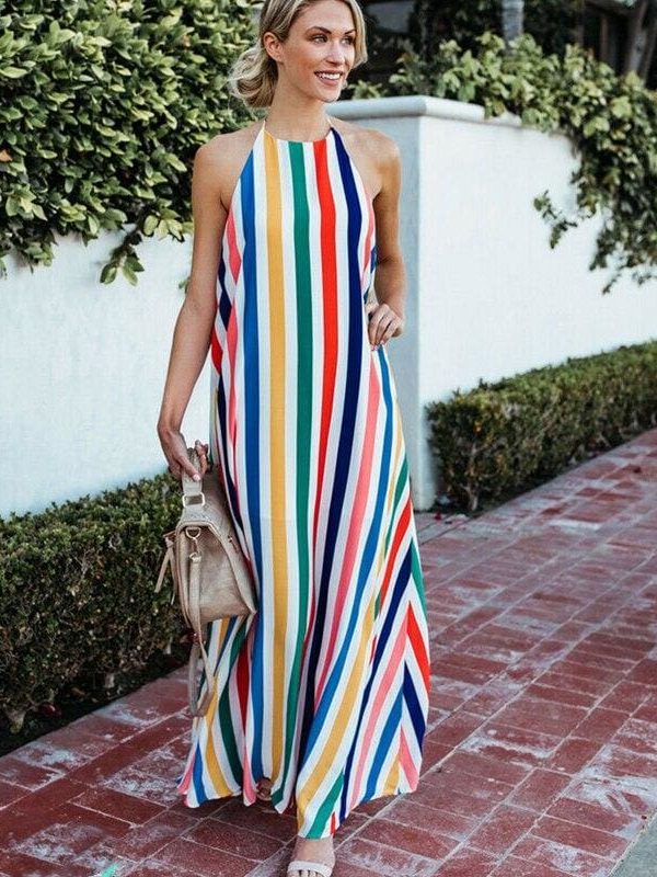 The Best HOT Women Sling Backless Dress Summer Sexy Ladies Sleeveless Beach Stripe Evening Party Long Maxi Sundress Online - Source Silk