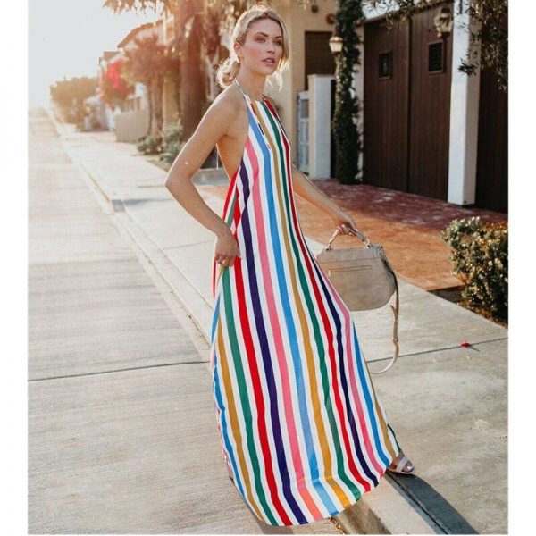 The Best HOT Women Sling Backless Dress Summer Sexy Ladies Sleeveless Beach Stripe Evening Party Long Maxi Sundress Online - Source Silk