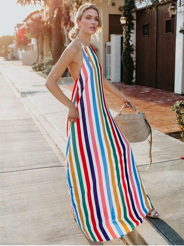 The Best HOT Women Sling Backless Dress Summer Sexy Ladies Sleeveless Beach Stripe Evening Party Long Maxi Sundress Online - Source Silk