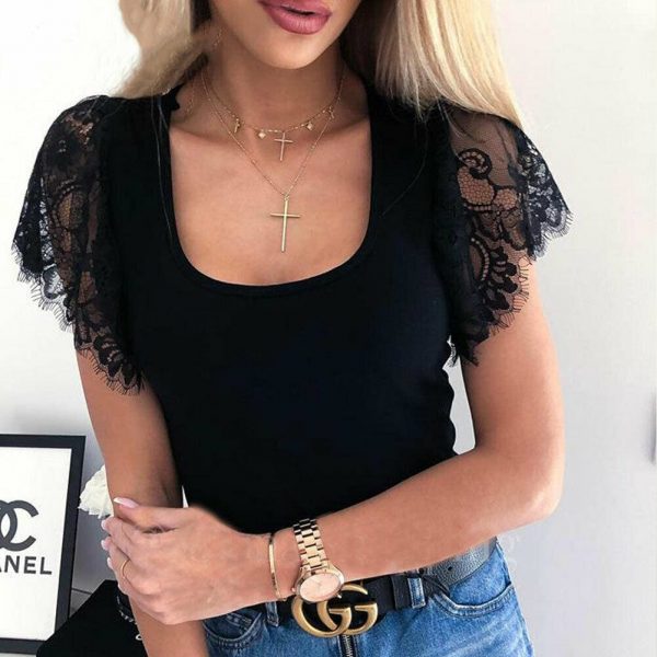 The Best Hot Women Summer Sexy Lace Short Sleeve Loose Simple O-Neck Mesh Blouse Tops Fashion Solid Casual Black Shirt Online - Source Silk