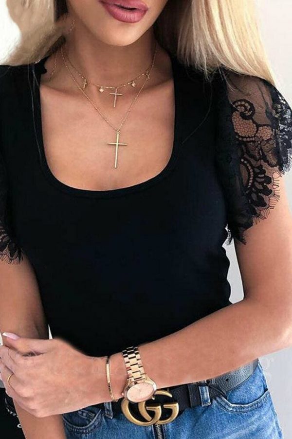 The Best Hot Women Summer Sexy Lace Short Sleeve Loose Simple O-Neck Mesh Blouse Tops Fashion Solid Casual Black Shirt Online - Source Silk