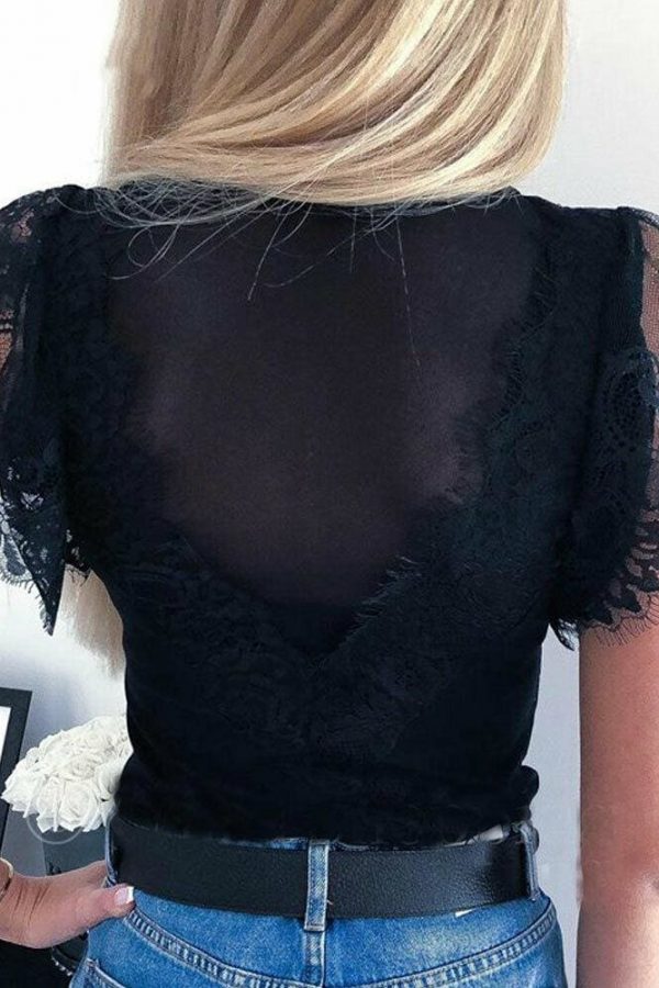 The Best Hot Women Summer Sexy Lace Short Sleeve Loose Simple O-Neck Mesh Blouse Tops Fashion Solid Casual Black Shirt Online - Source Silk