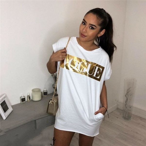 The Best Hot Women's Casual Summer Top Dress Short Sleeve VOGUE Tee Shirt Femme Party Loose Fashion Basic Shirt Dress Online - Source Silk