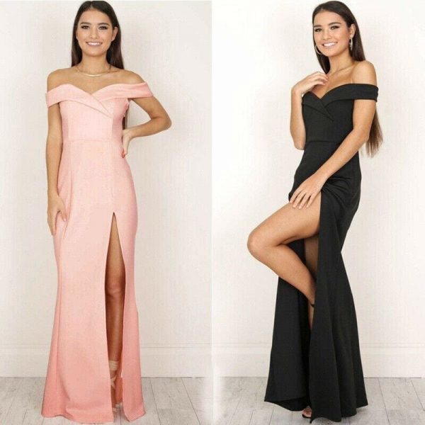 The Best Hot Women's Off Shoulder Dresses Casual Long Maxi Evening Party Beach Long Dress Solid Pink Black V-neck Summer Costume Online - Source Silk