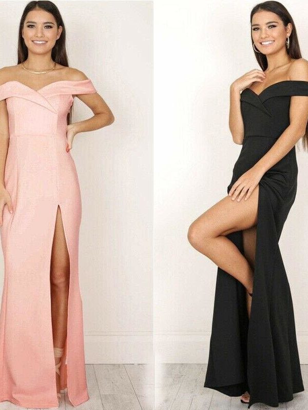 The Best Hot Women's Off Shoulder Dresses Casual Long Maxi Evening Party Beach Long Dress Solid Pink Black V-neck Summer Costume Online - Source Silk