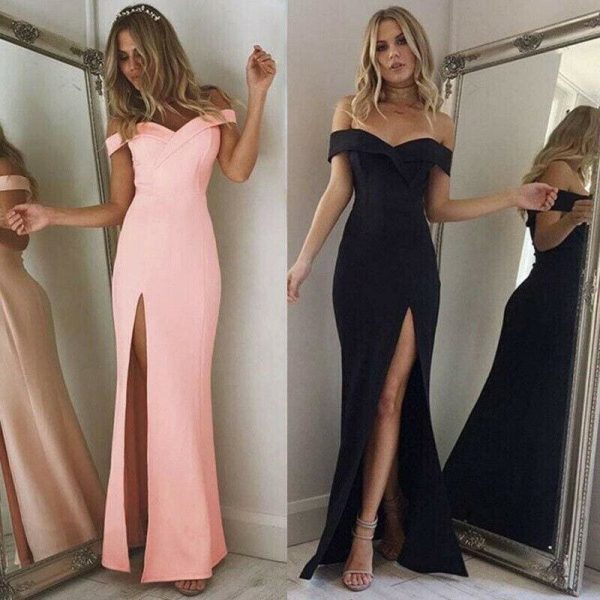 The Best Hot Women's Off Shoulder Dresses Casual Long Maxi Evening Party Beach Long Dress Solid Pink Black V-neck Summer Costume Online - Source Silk