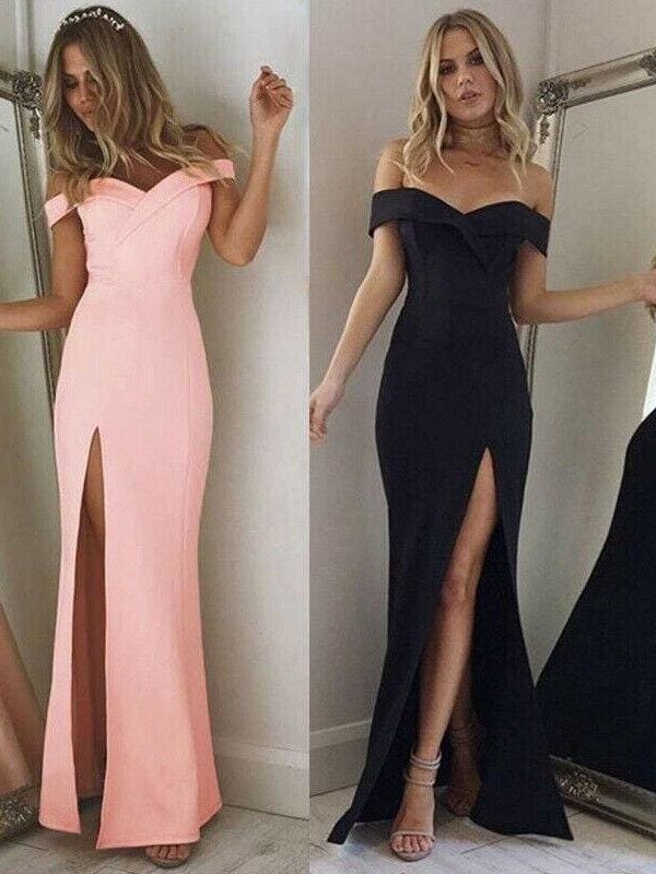 The Best Hot Women's Off Shoulder Dresses Casual Long Maxi Evening Party Beach Long Dress Solid Pink Black V-neck Summer Costume Online - Source Silk