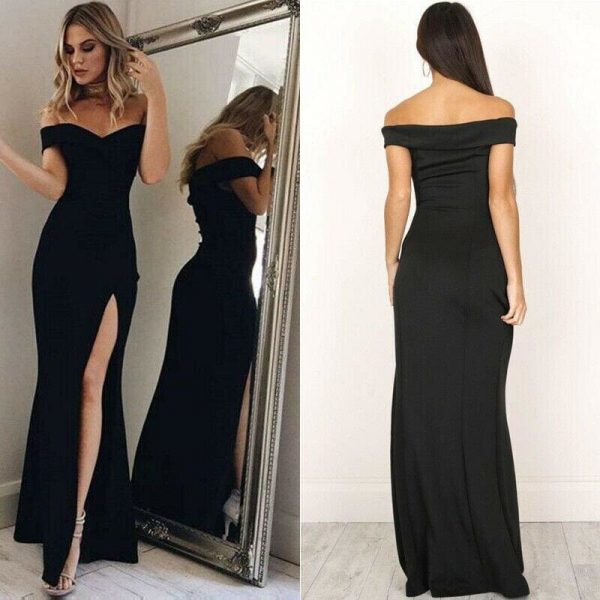 The Best Hot Women's Off Shoulder Dresses Casual Long Maxi Evening Party Beach Long Dress Solid Pink Black V-neck Summer Costume Online - Source Silk