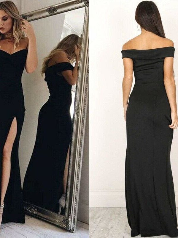 The Best Hot Women's Off Shoulder Dresses Casual Long Maxi Evening Party Beach Long Dress Solid Pink Black V-neck Summer Costume Online - Source Silk