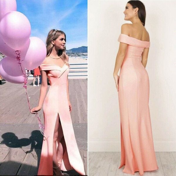 The Best Hot Women's Off Shoulder Dresses Casual Long Maxi Evening Party Beach Long Dress Solid Pink Black V-neck Summer Costume Online - Source Silk