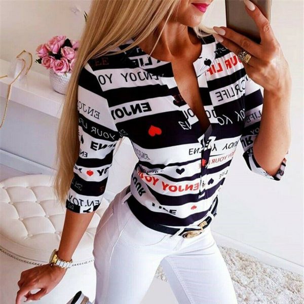 The Best Hot Women's Summer Heart&Letters Printed Blouse Ladies Casual V Neck Button Half Sleeve Slim Tops Shirt Online - Source Silk