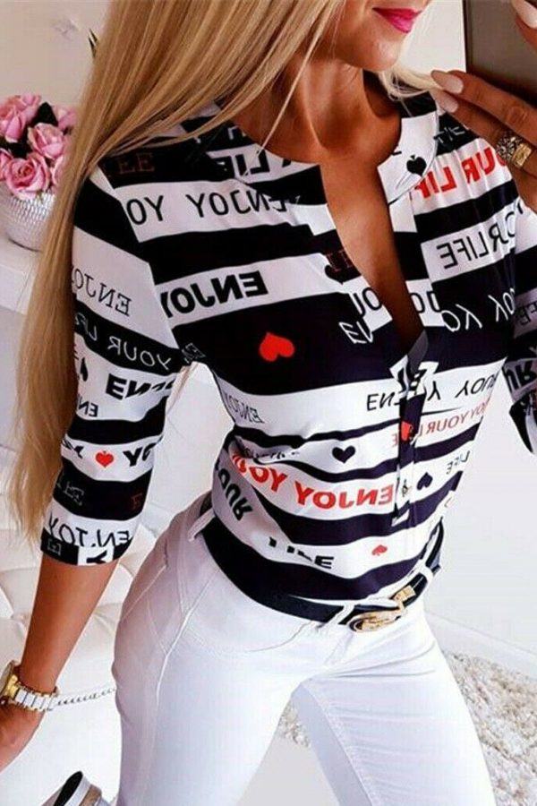 The Best Hot Women's Summer Heart&Letters Printed Blouse Ladies Casual V Neck Button Half Sleeve Slim Tops Shirt Online - Source Silk