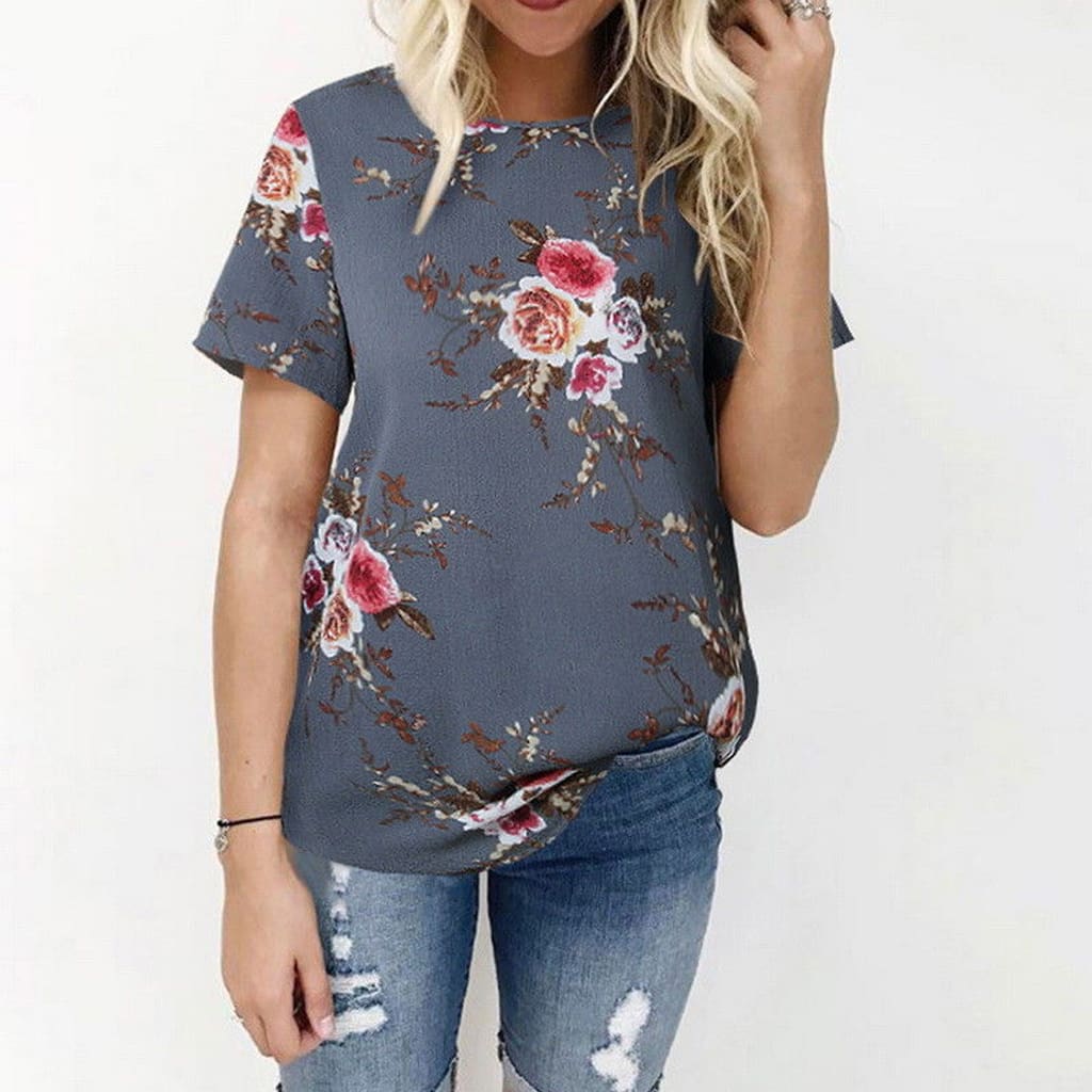 New Summer Women Ladies Tops Floral Print Shirts Elegant Casual Short Sleeve Boho Beach Holiday Loose Crew-neck Shirts