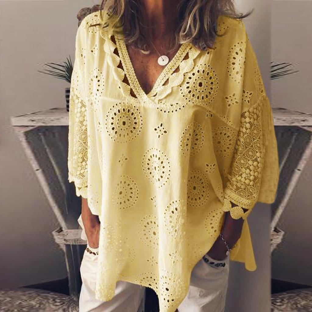 Women Blouse V-Neck Long Sleeve Embroidery Cotton Shirt Summer Holiday Ladies Casual Loose Solid Top Outwear