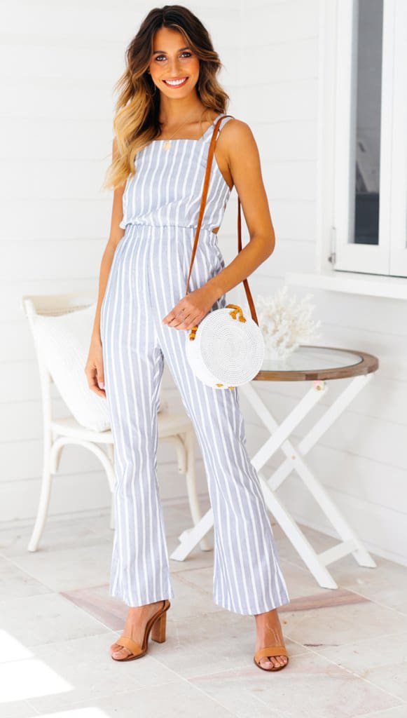 Ladies Women Summer Striped Bodycon Jumpsuit Sleeveless Clubwear Wide Leg Backless Pant Summer Outfits V-neck Long Trousers