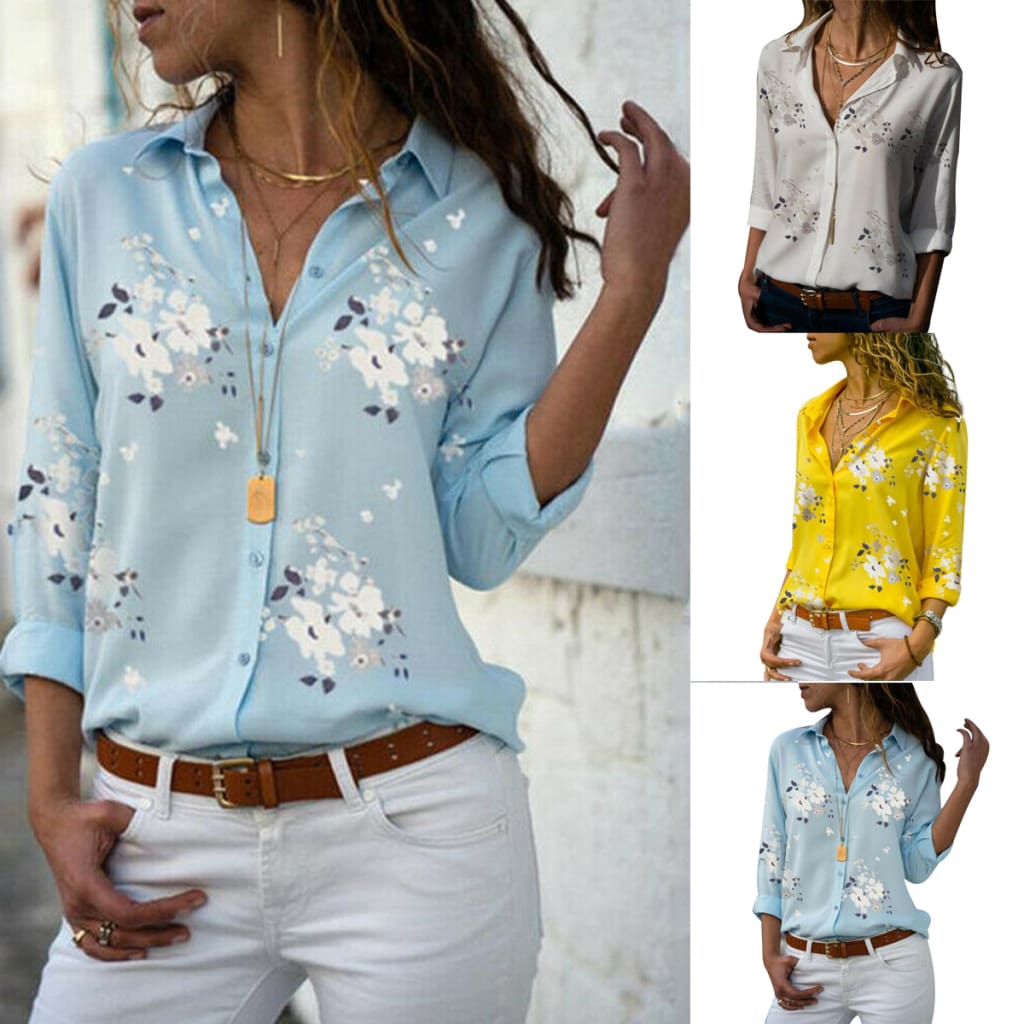 Plus Size Womens Summer Floral Long Sleeve Button V-Neck Shirts Ladies Casual Loose Office Work Blouse Tops