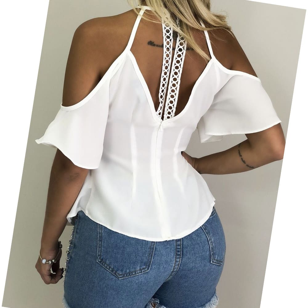 Women Ladies Off Shoulder V-Neck Chiffon Tops Fashion Summer Strappy Blouse Shirt Loose Casual Shirts