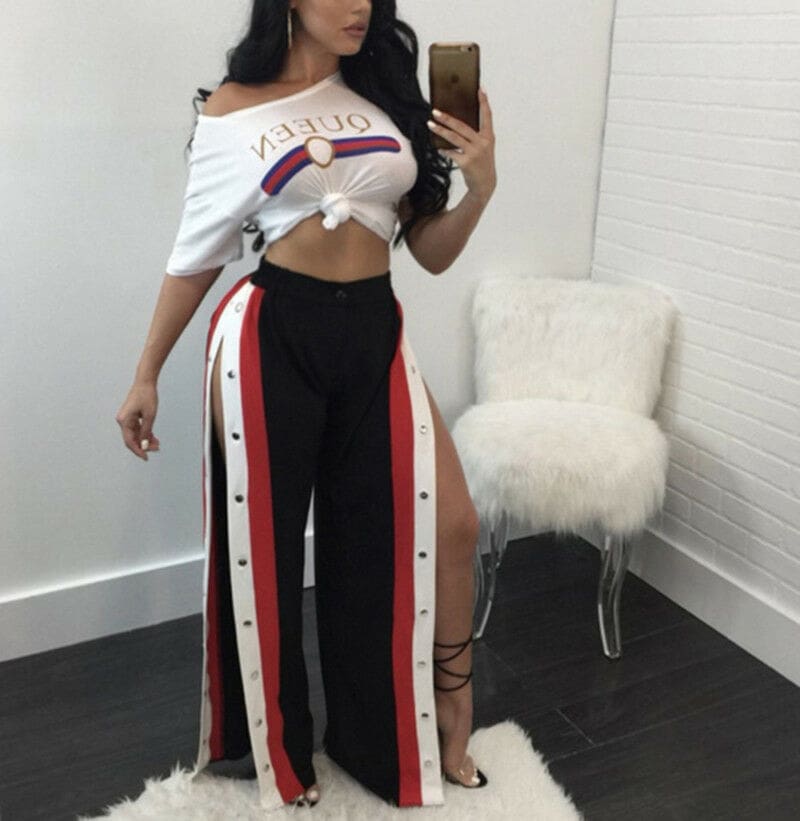 Fashion Womens Split Side Buttons Wide Leg Jogger Casual Long Pants Summer Loose Striped High Waist Trousers