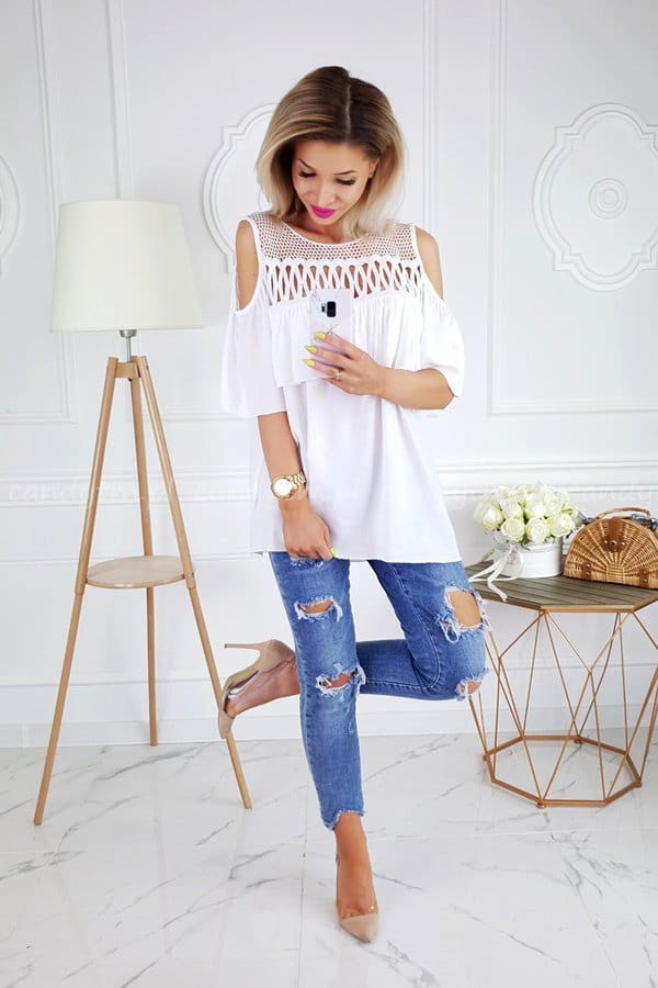 Summer Ladies Mesh Openwork Short Sleeve Tops Shirt Women Casual Loose Ruffled Off-Shoulder Blouse Shirt