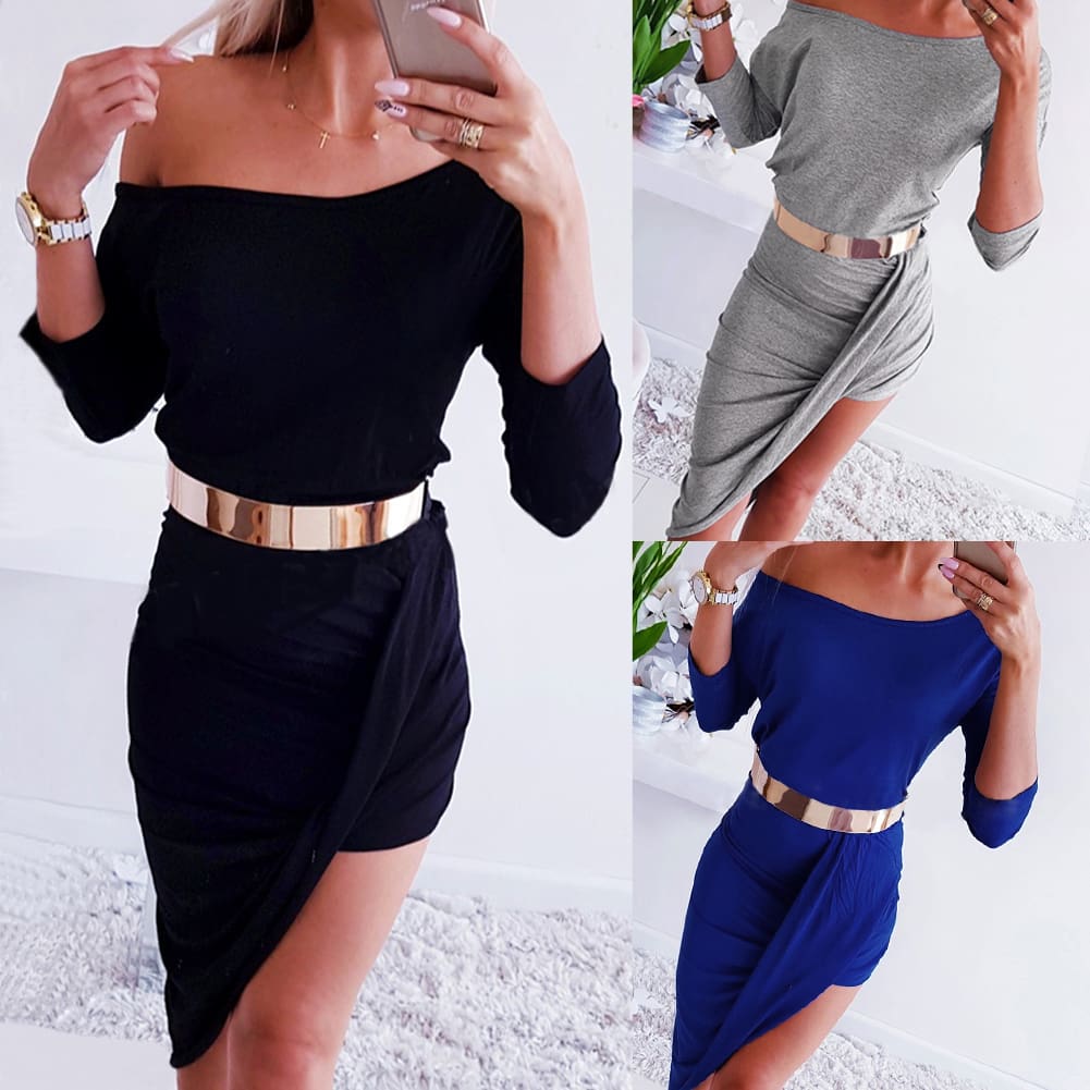 Women Long Sleeve Boho Solid Elegant Sexy Off Shoulder Dress Ladies Summer Sundress Holiday Split Evening Party Gown Dress