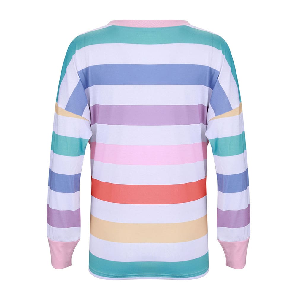 New Fashion Women Pre-fall Long Sleeve Crew Neck Rainbow Striped Shirt Casual Ladies Loose Tops T-Shirt Women Clothes