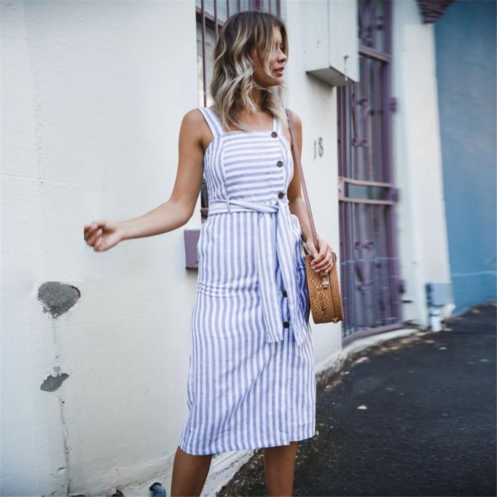 Women Dress Striped Sundress Summer Holiday Beach Midi Dress