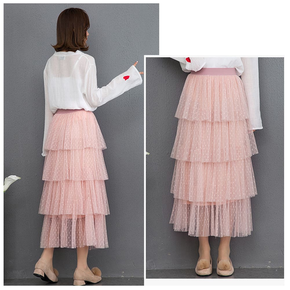 New Fashion Summer Women Dot Lace Tiered High Waist Beach Long Skirt Sundress Cake Tulle Skirt Party Ball Gown