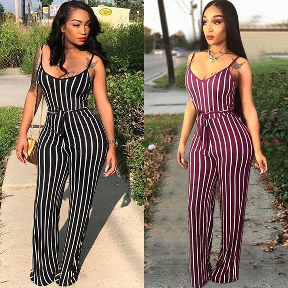 Hot Women Ladies Clubwear V-Neck Striped Playsuit Sexy Bodycon Party Jumpsuit Romper Summer Beach Casual Long Trousers