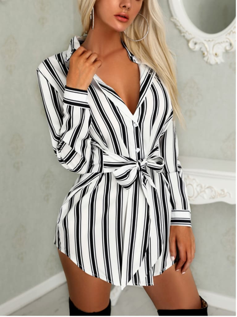 Women Fashion Long Shirt Dress Ladies V-neck Striped Print Casual Summer Mini Dress Short Mini Dress