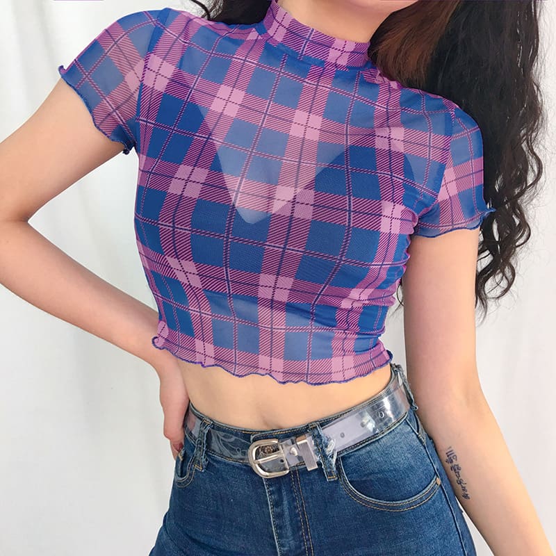 Fashion Summer Women Plaid Sheer Mesh Crop Tops Ladies Short Sleeve Sexy See-through Seamless Shirt Summer Clothes