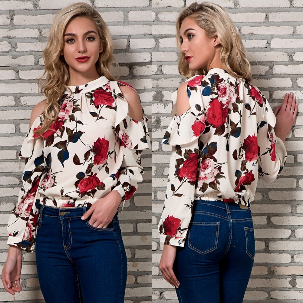 Fashion Boho Women Summer Floral Chiffon Shirt Tops Elegant Ladies Casual Long Sleeve Crew Neck Loose Blouse Shirts