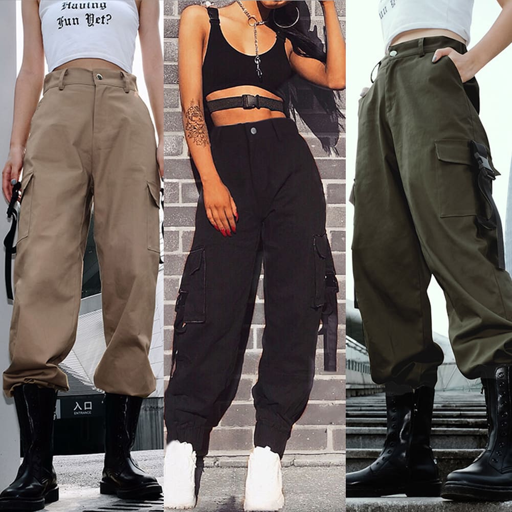 Women Loose Causal Trousers Costume High Waist Chain Combat Cargo High Waist Harem Hip Hop Outdoor Military Pocket Pants