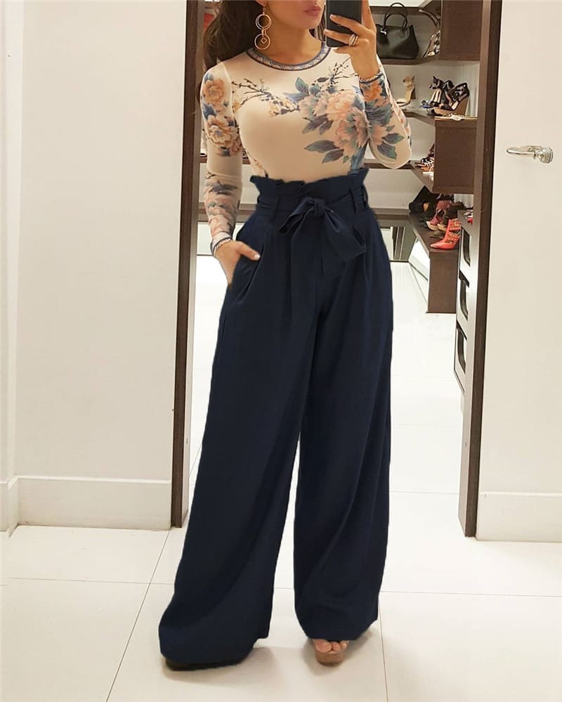 Fashion Women High Waist Ruffles OL Ladies Trouser Denim Look Wide Leg Drawstring Elastic Long Loose Casual Pants