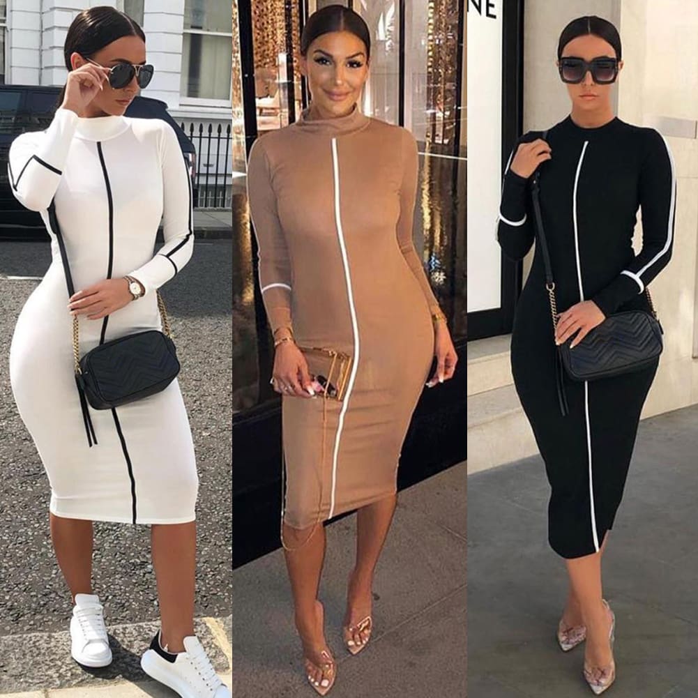 Fashion Women Contrast Color Long Sleeve Temperament Fitness Summer Long Sleeve Bodycon Stretch Pencil Dress