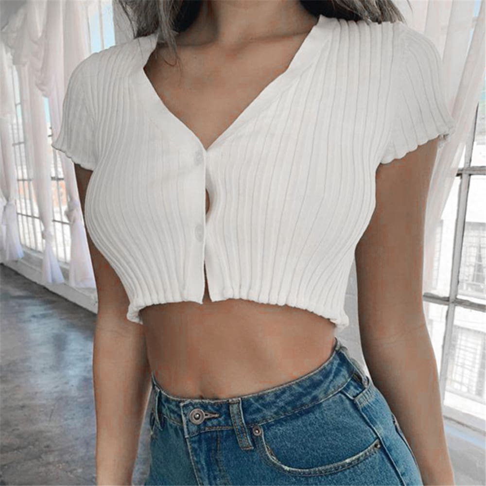 New Women Short Sleeve V-neck Button Tank Tops T-Shirt Ladies Summer Casual Vest Crop Tops Holiday Clothes